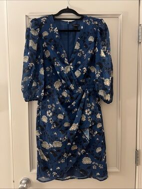 Halogen Blue Floral Wrap Midi Dress with Puff Sleeves